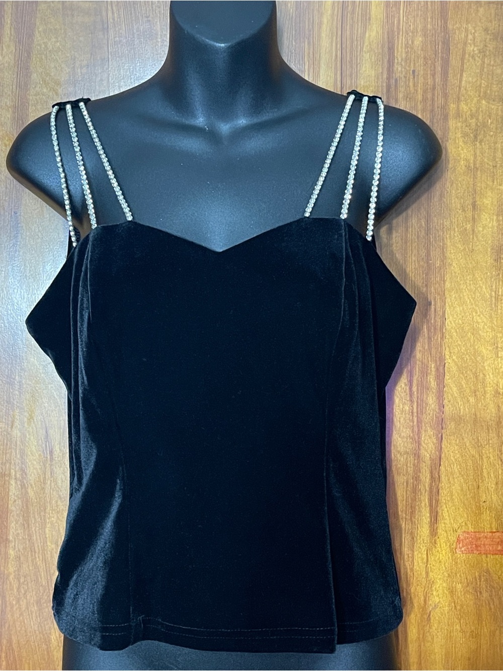 Vintage 90s Another Time Black Velvet Cami Top Rhinestone Chain Straps M